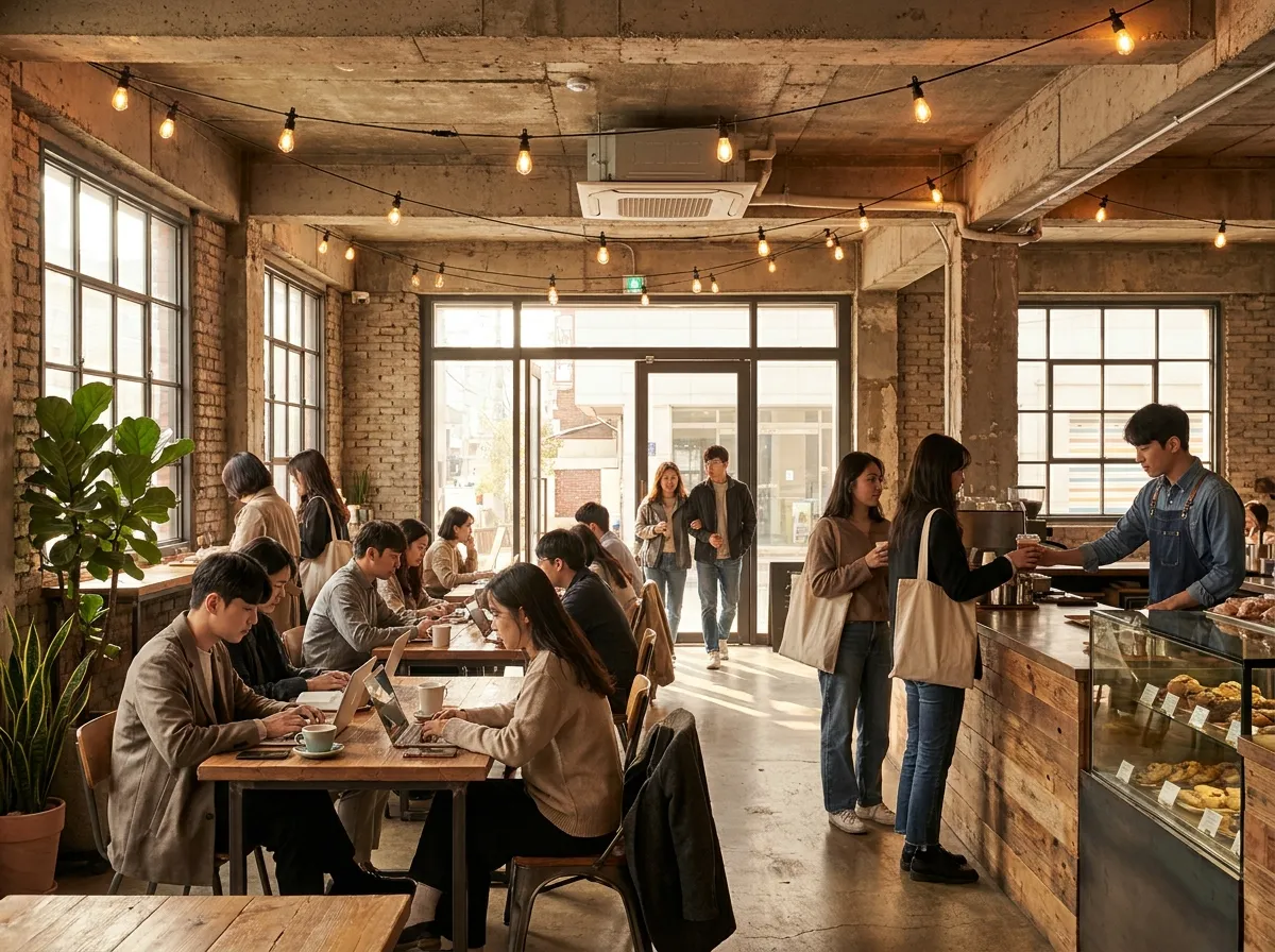Seongsu-dong guide to Seoul's best industrial cafés — converted factory interior
with concrete walls, Edison bulb lighting, and a crowd of young locals with coffee