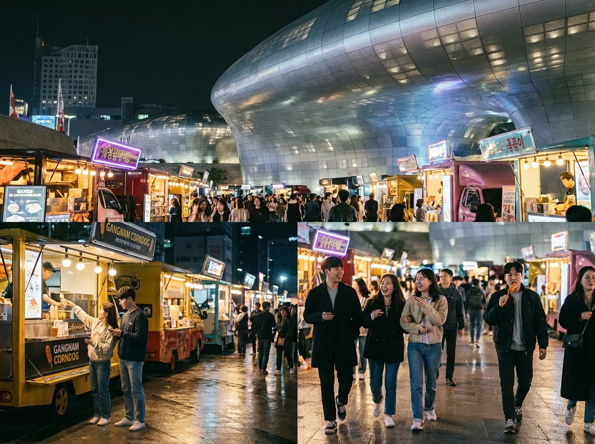 best food markets in Seoul at night — DDP Dongdaemun Design Plaza night market with young couples browsing glowing food trucks and the iconic curved DDP building lit up behind them