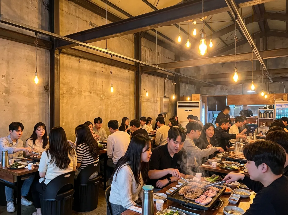 Seoul Korean BBQ guide Ilmirack Seongsu-dong converted warehouse restaurant with galbi on grill and hip crowd
