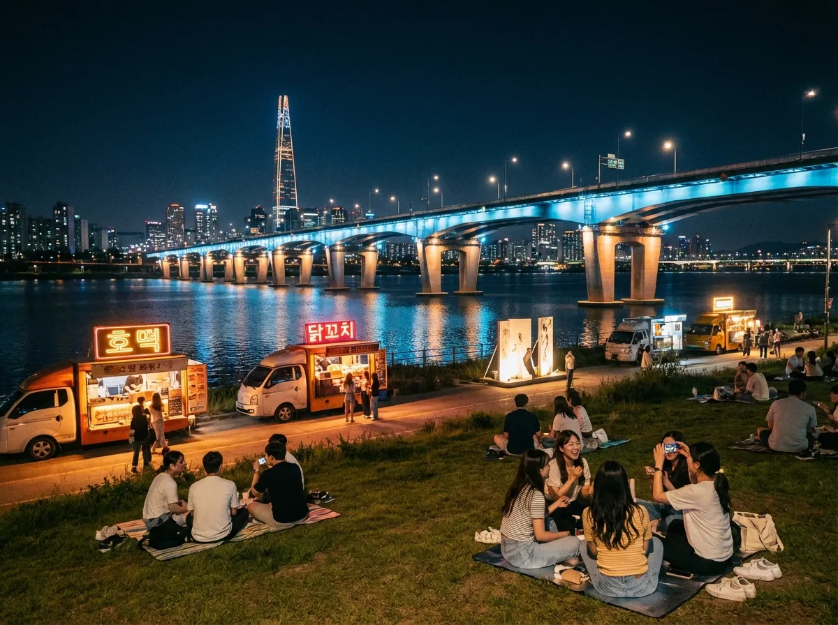 Seongsu-dong guide Han River night view with illuminated bridges food trucks and Seoul skyline