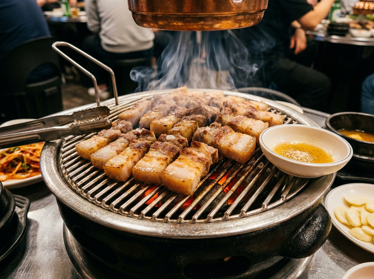 Seoul Korean BBQ guide Dookupsam Myeongdong thick-cut pork belly on charcoal grill