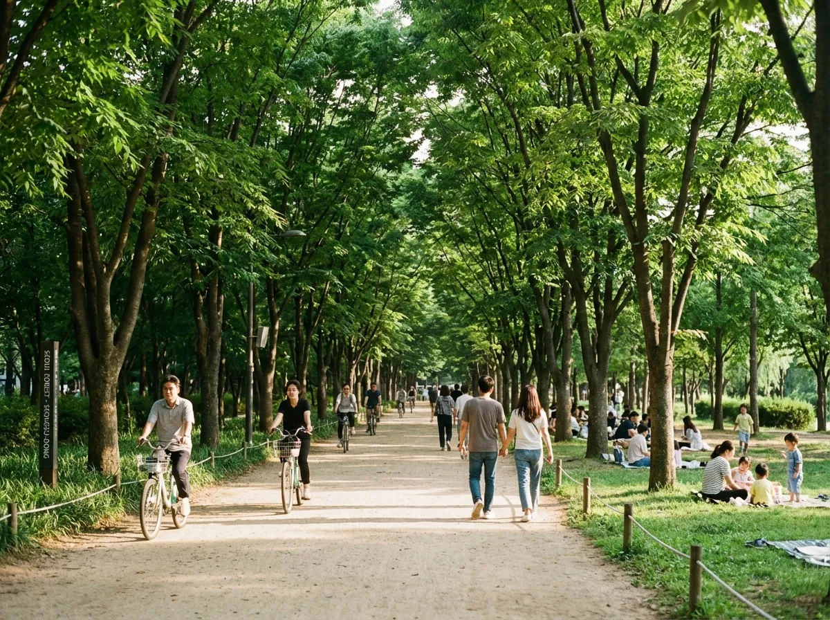 Seongsu-dong guide Seoul Forest walking trail with cyclists and picnickers under tall trees