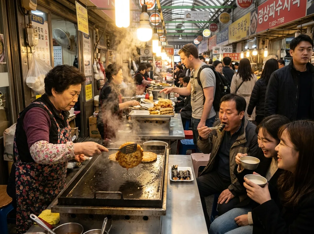 best food markets in Seoul — aerial view of Gwangjang Market food alley with bindaetteok stalls, crowds, and traditional Korean street food