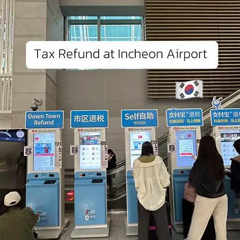 Tourists using self-service kiosks for Korea tax refund 2025 at Incheon Airport