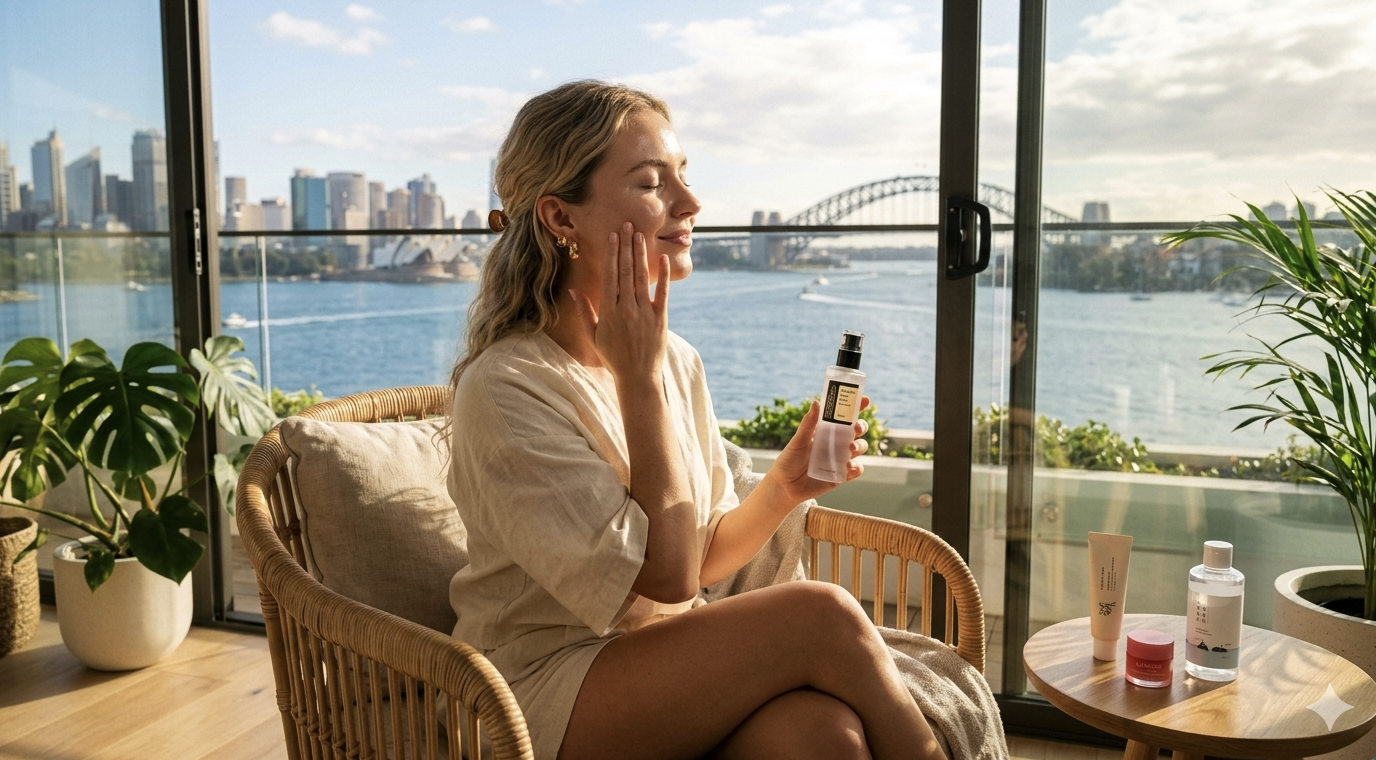 Best K-beauty products 2026 for Australian skin: A woman applying hydrating essence on a sunny Sydney balcony with a Harbour Bridge view