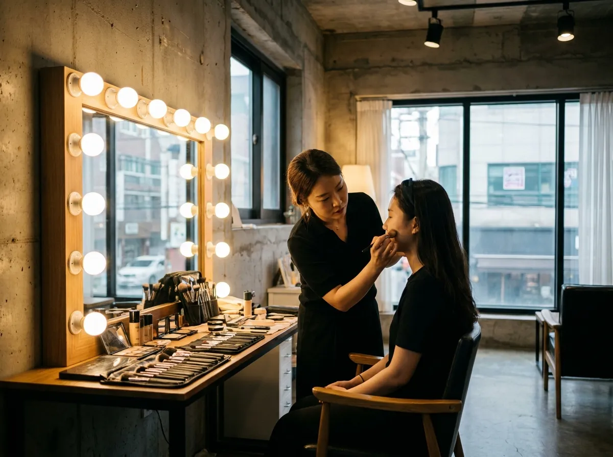 Seongsu photo studio experience Seoul makeup artist preparing client under warm studio lighting