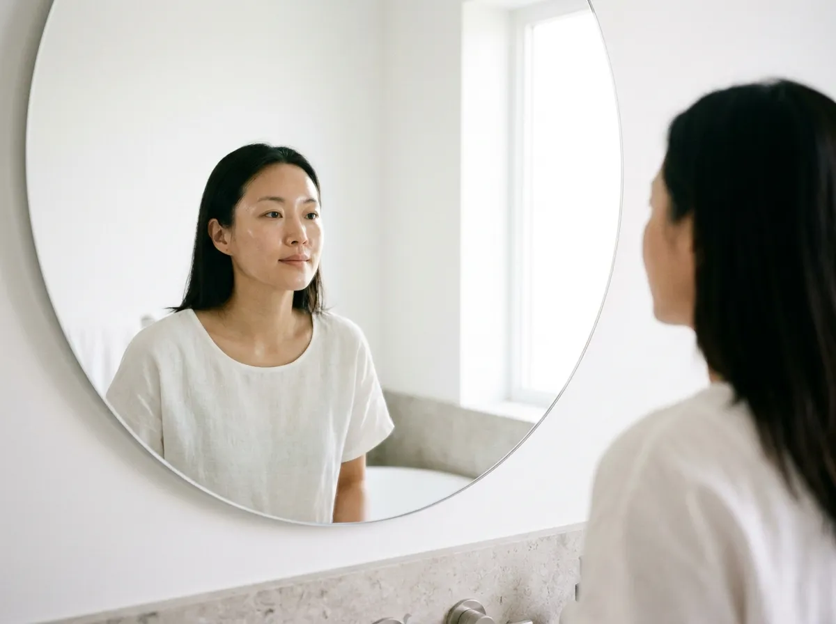 Korean glass skin routine result woman with dewy translucent skin looking in bright minimalist bathroom mirror