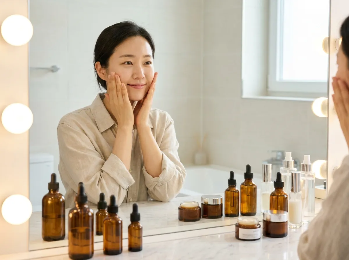 Korean skincare routine for beginners with toner essence serum moisturiser and sunscreen on white linen
