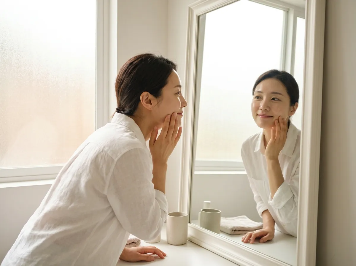 Korean skincare for acne-prone skin woman with clear calm skin examining face in mirror after 30 day routine