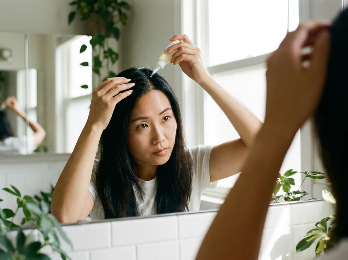 best Korean hair care products for damaged hair woman applying DAENG GI MEO RI scalp serum to hair roots