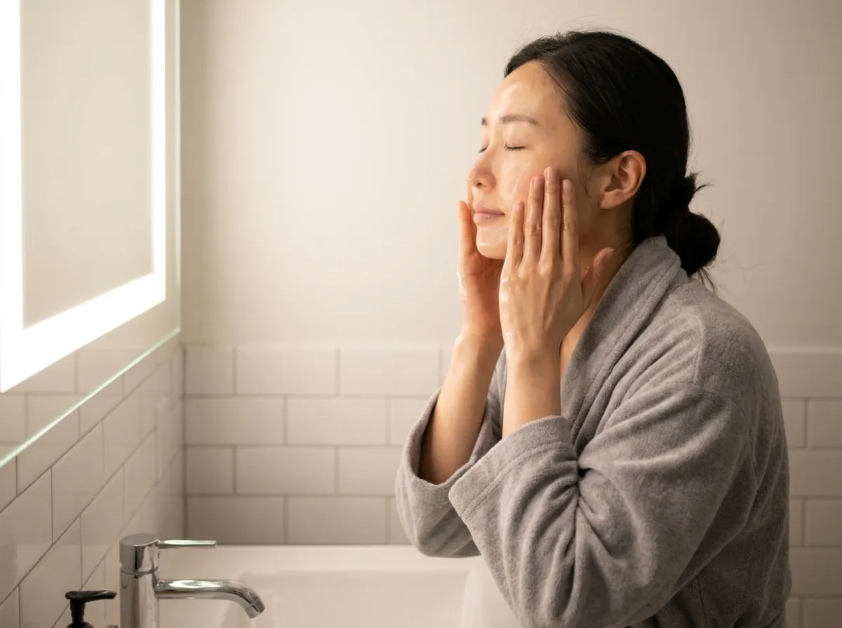 best Korean cleansers for every skin type woman massaging cleansing oil at bathroom sink first step double cleanse