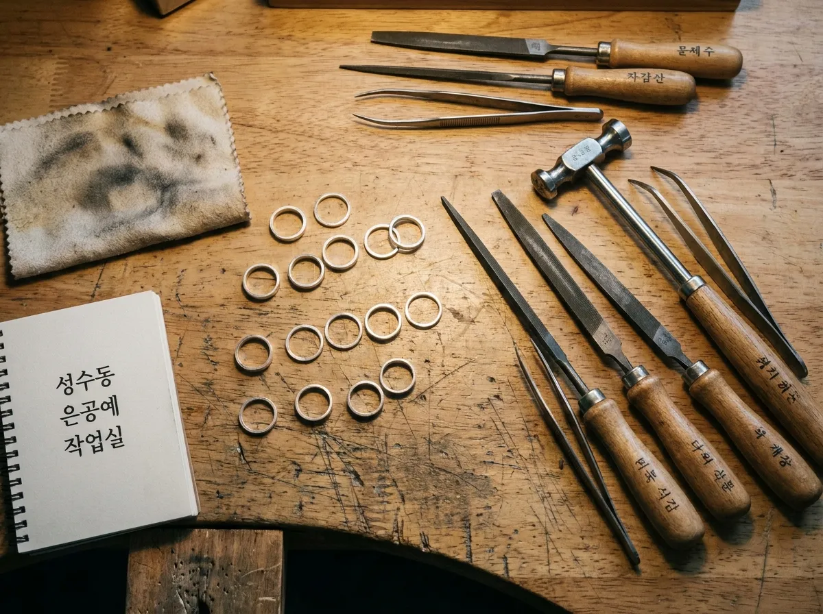 Seongsu-dong Seoul travel guide craft workshop with ring-making tools on a wooden workbench