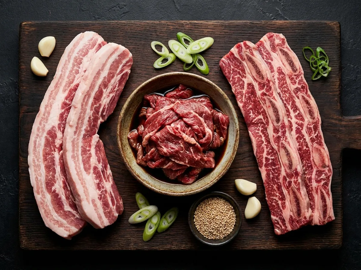 Korean BBQ at home for beginners meat cuts: Samgyeopsal pork belly, bulgogi, and galbi short ribs on a wooden board with garlic.