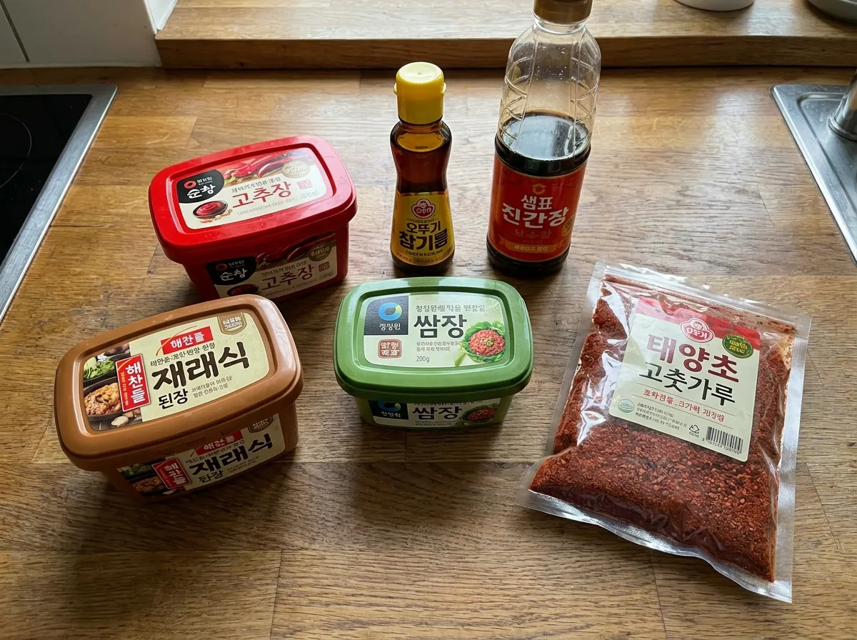 Korean BBQ pantry staples flat lay gochujang doenjang ssamjang sesame oil Korean grocery Sydney essential ingredients