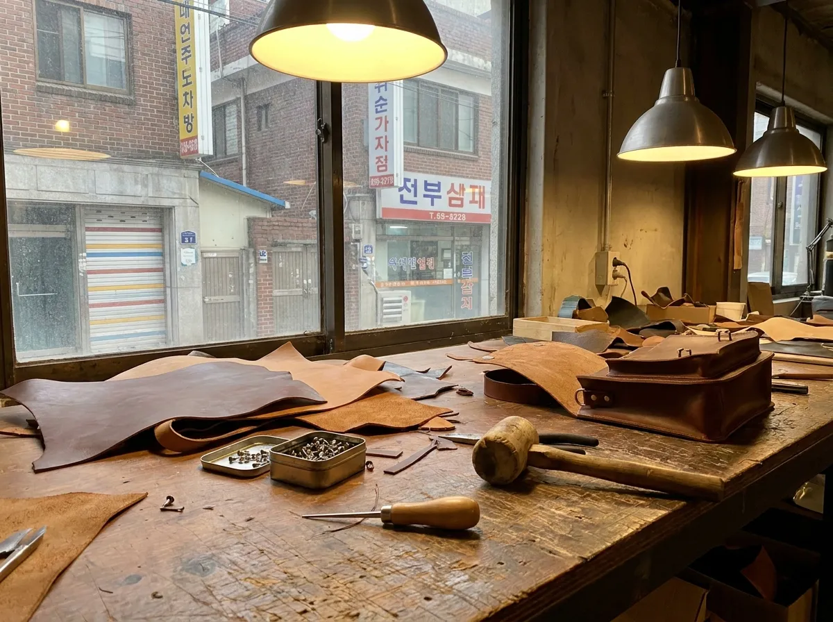 Seongsu-dong leather workshop Seoul bench with hides stitching tools and half-finished bag