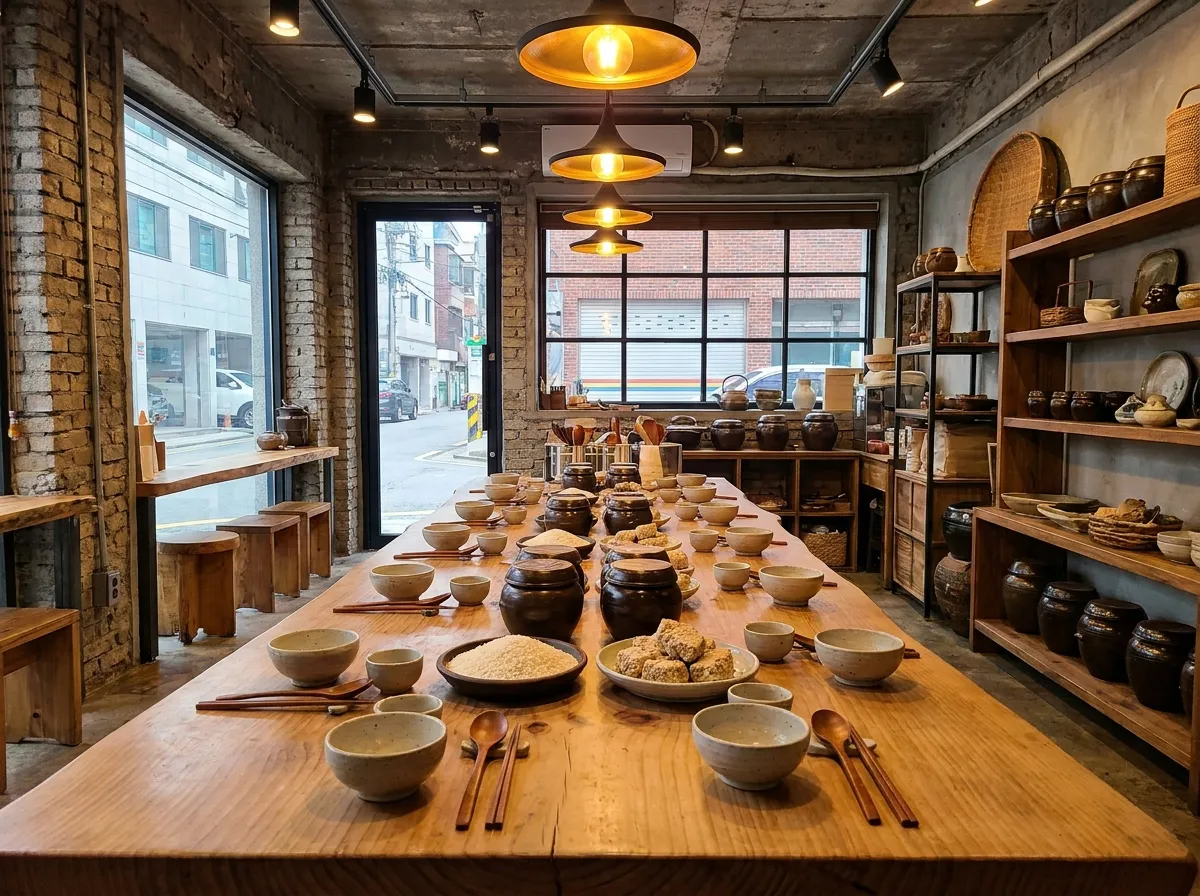 Seongsu-dong craft workshops Seoul makgeolli brewing experience with ceramic bowls and fermentation jars