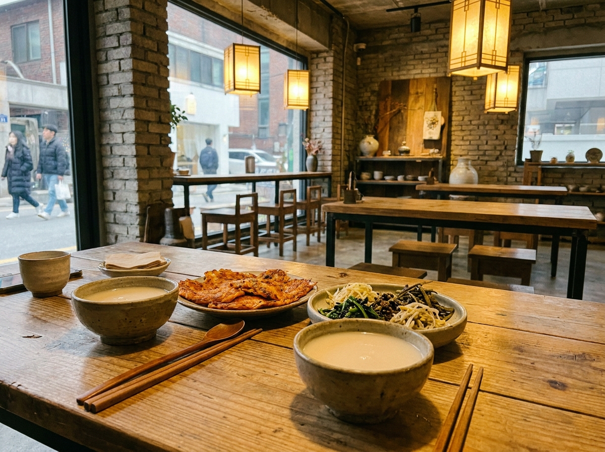 Seongsu-dong food guide Seoul makgeolli tasting with ceramic bowls and Korean snacks on wooden table