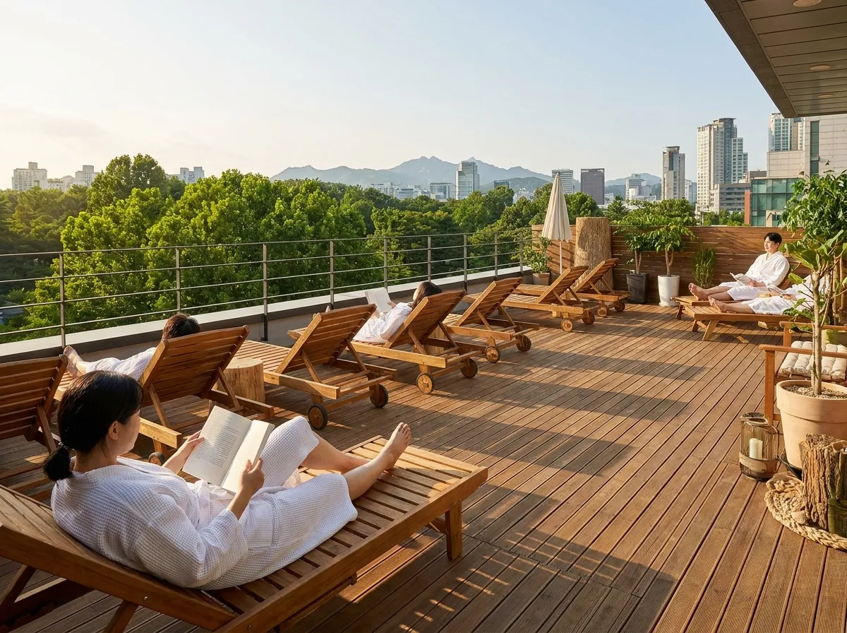 things to do in Seongsu-dong on a weekend THE FORET SPA rooftop with wooden loungers and Seoul Forest views