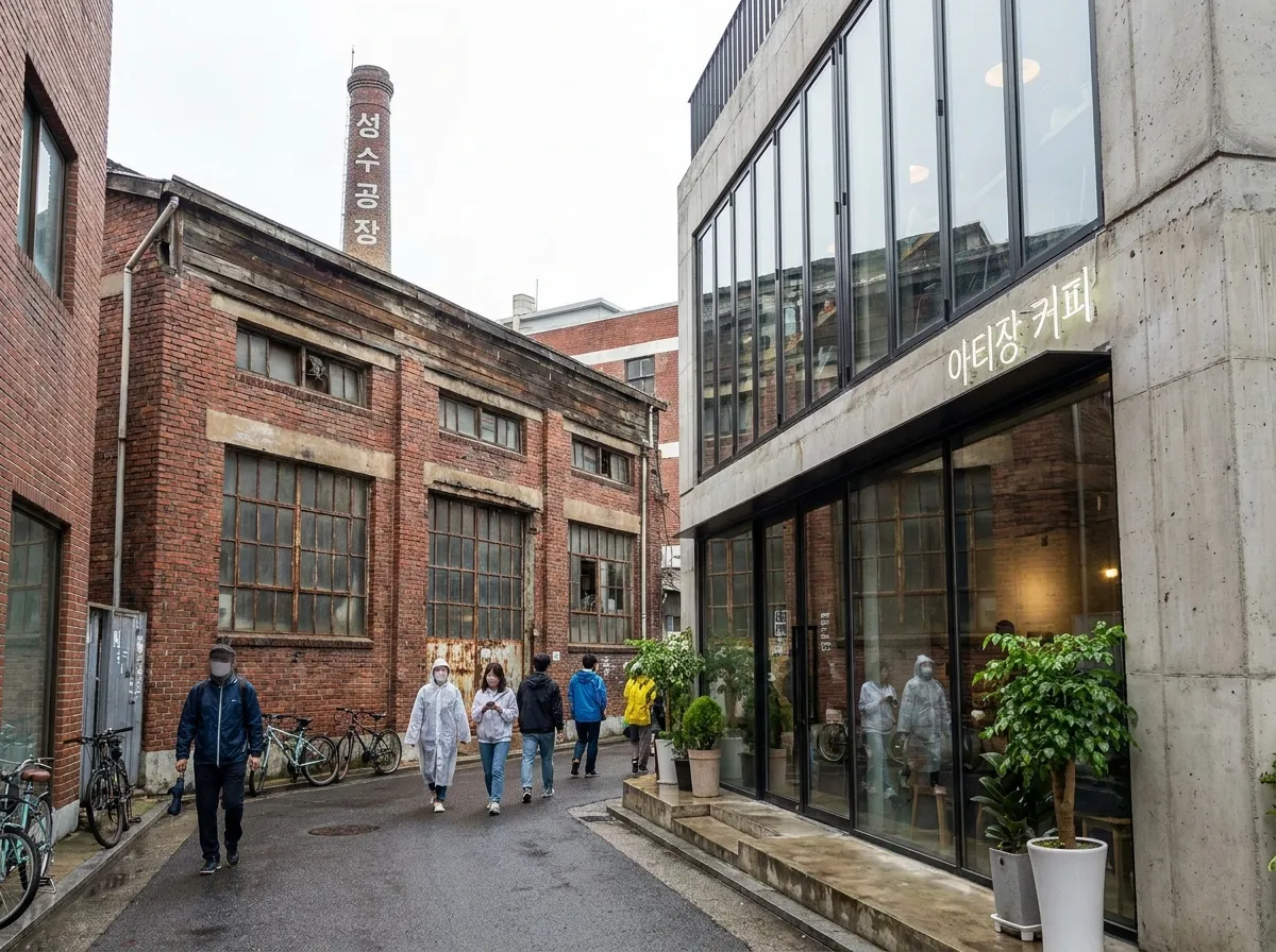 Seongsu-dong Seoul travel guide street view showing cafes and industrial buildings side by side