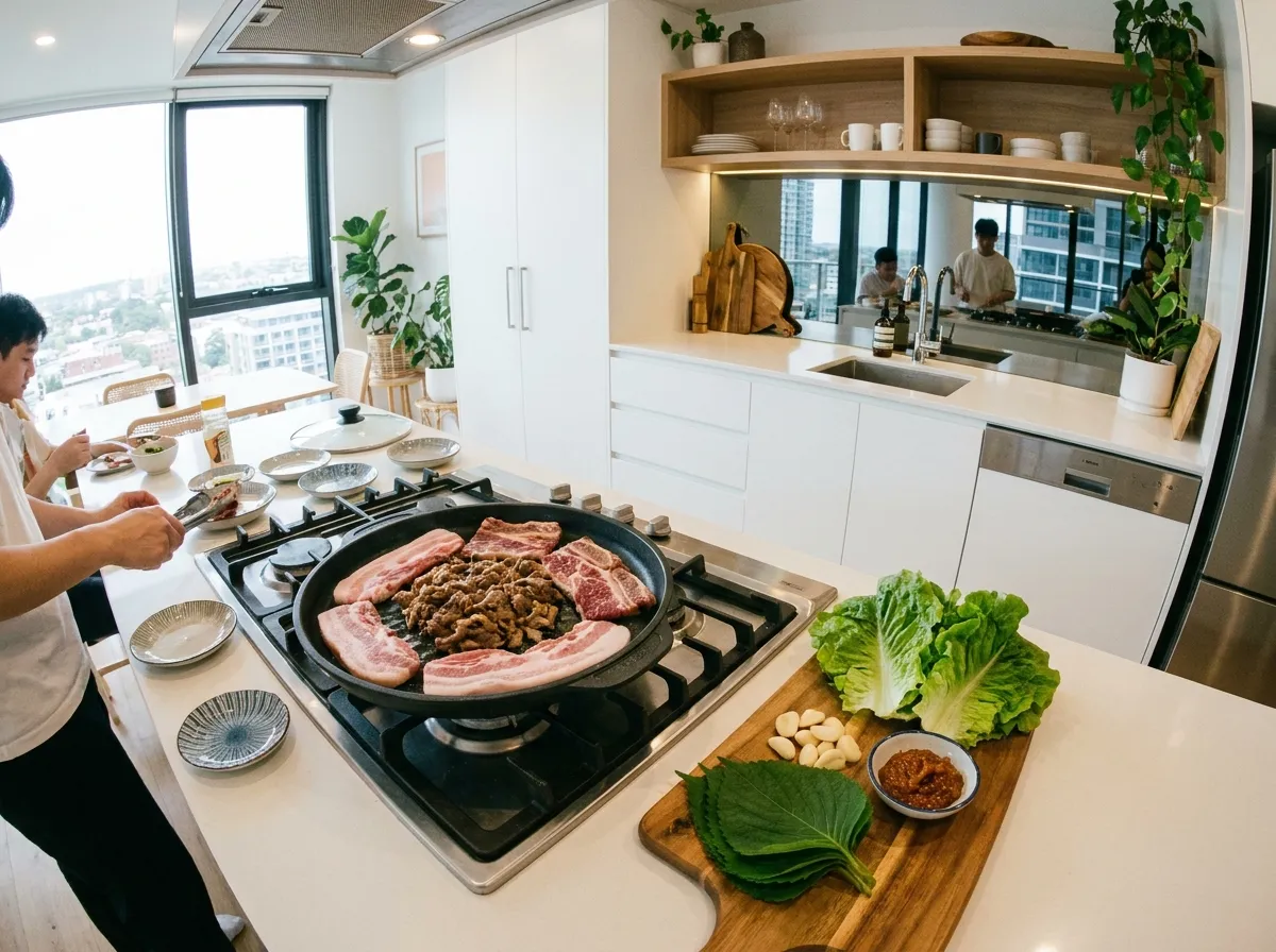 Korean BBQ at home for beginners: Essential setup with a grill pan, banchan, and fresh meat on a home stovetop.
