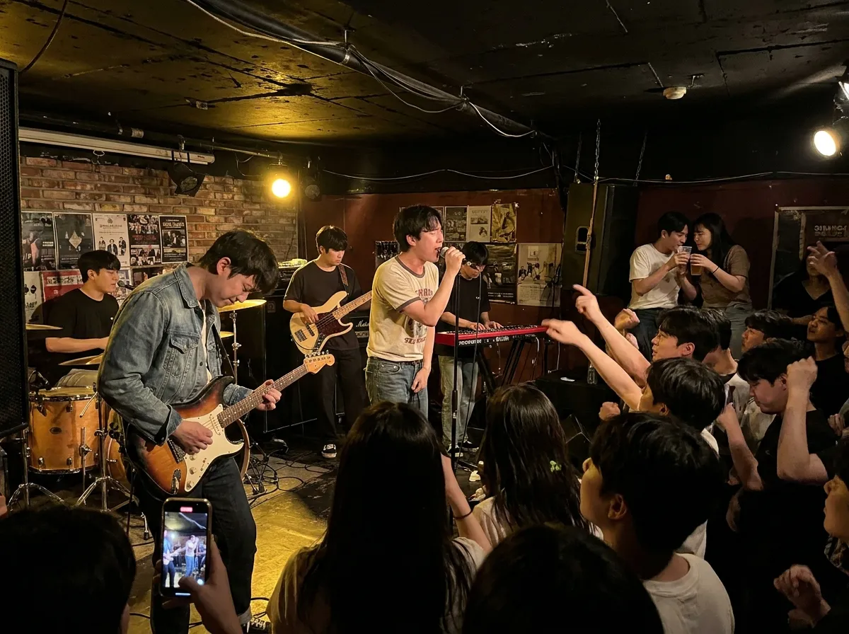 Hongdae busking and live music Seoul indie club with band mid-set and crowd