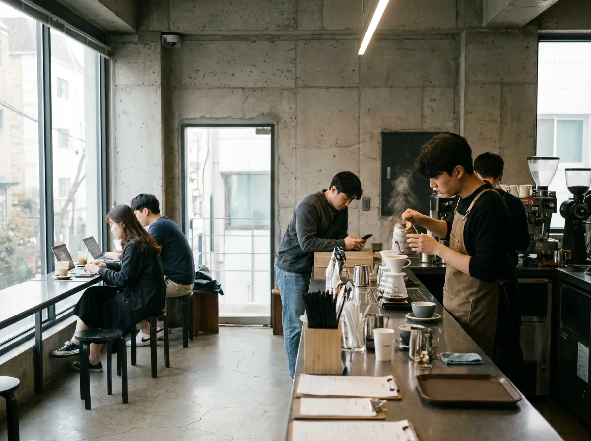 best cafes in Hongdae Seoul interior with specialty coffee bar exposed concrete and natural light