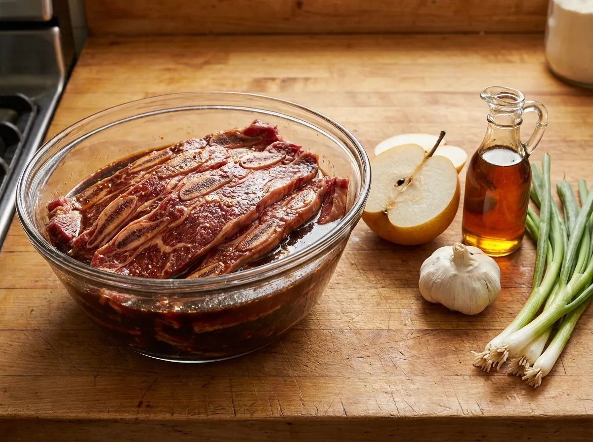 Galbi marinade recipe from scratch: Beef short ribs marinating overnight in my mum’s Busan sauce with Asian pear and garlic.