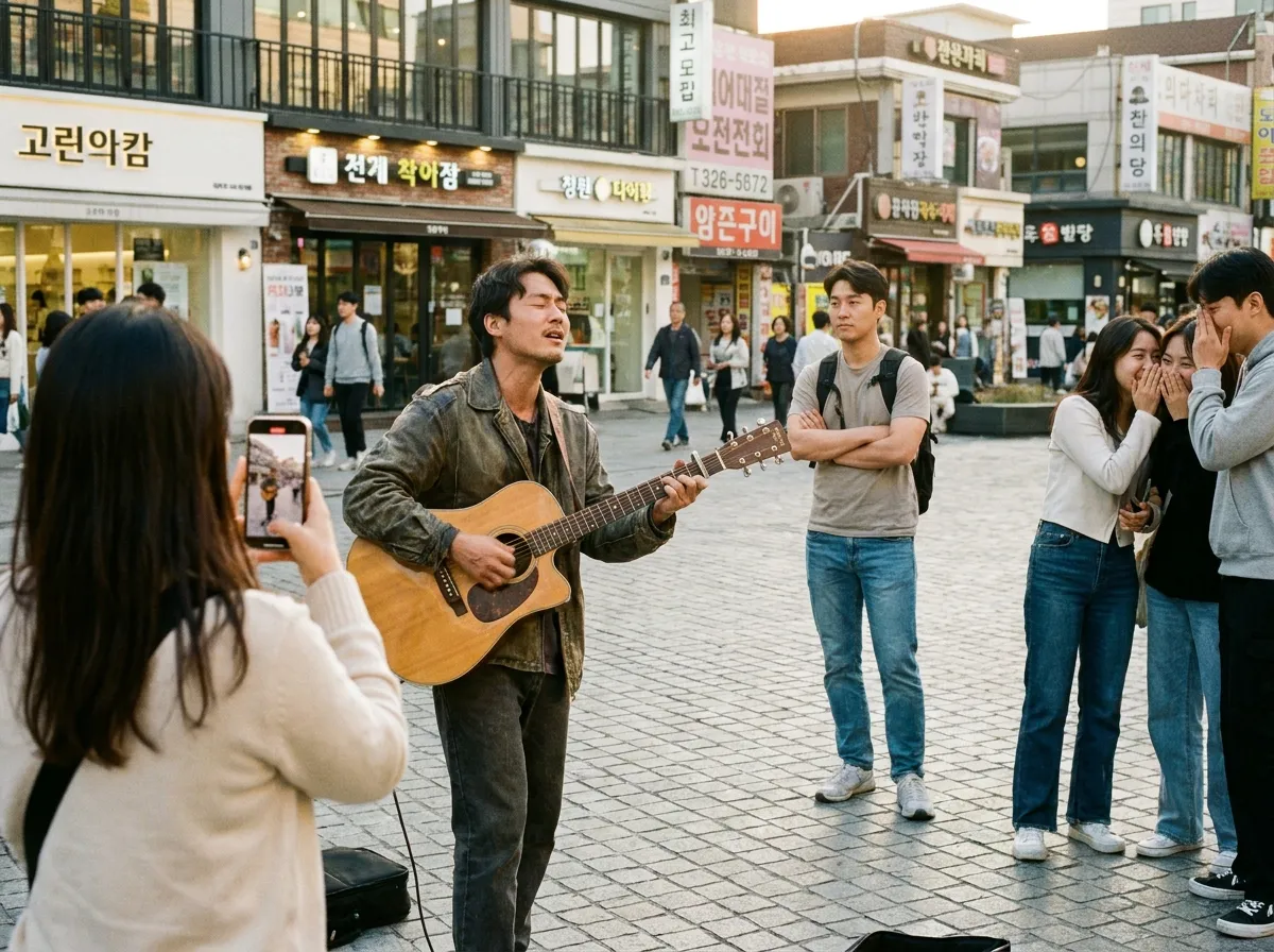Hongdae busking and live music Seoul acoustic guitar performer with natural crowd in plaza