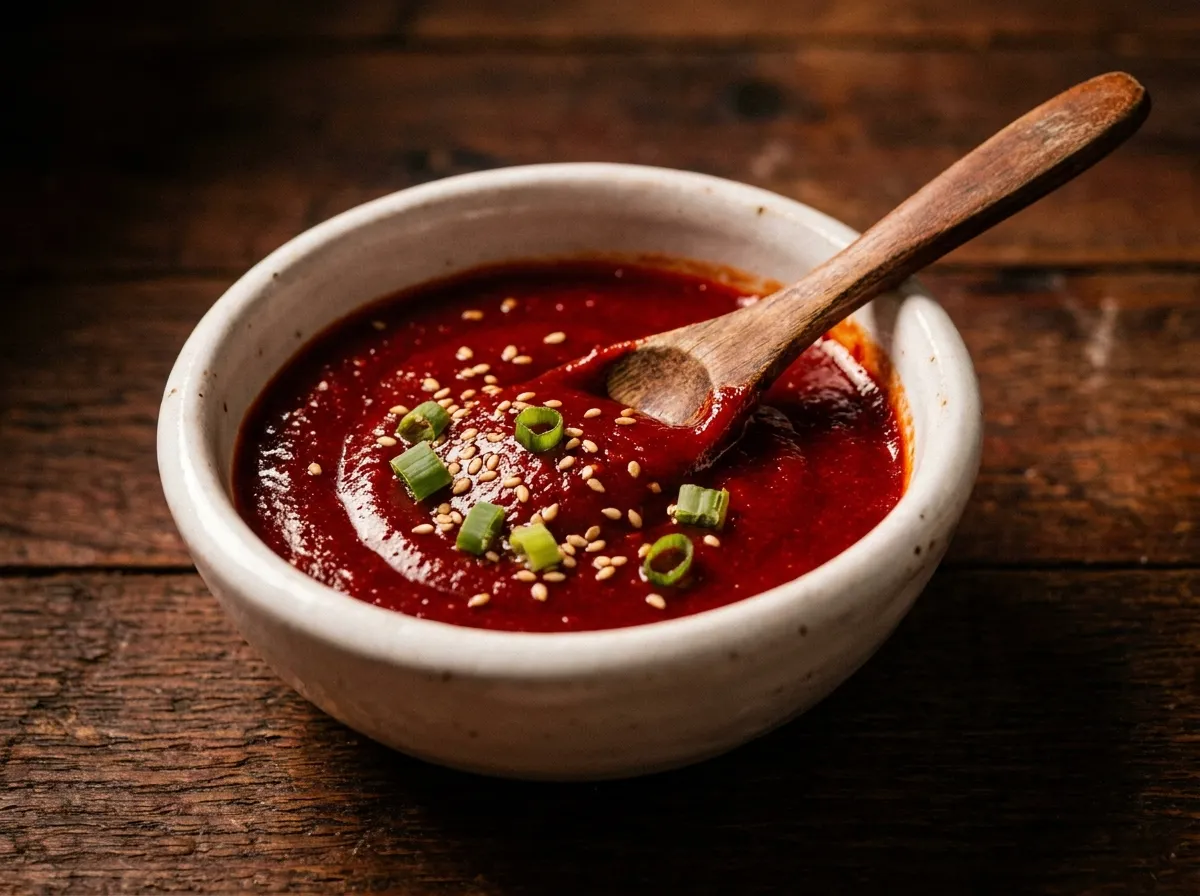 Homemade gochujang dipping sauce small white ceramic bowl spicy Korean BBQ dipping sauce samgyeopsal pork pairing