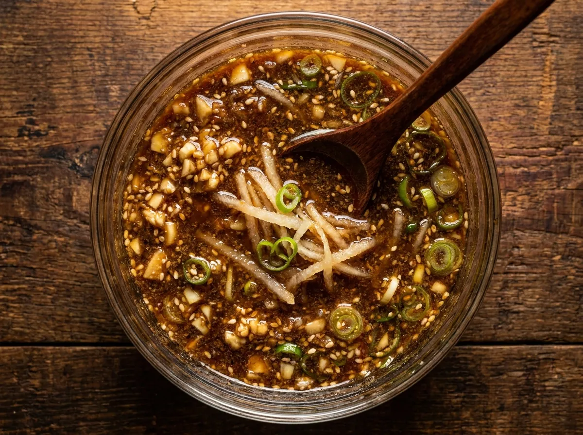Galbi marinade recipe from scratch details: A close-up of freshly made sauce with grated Asian pear, garlic, and sesame seeds.