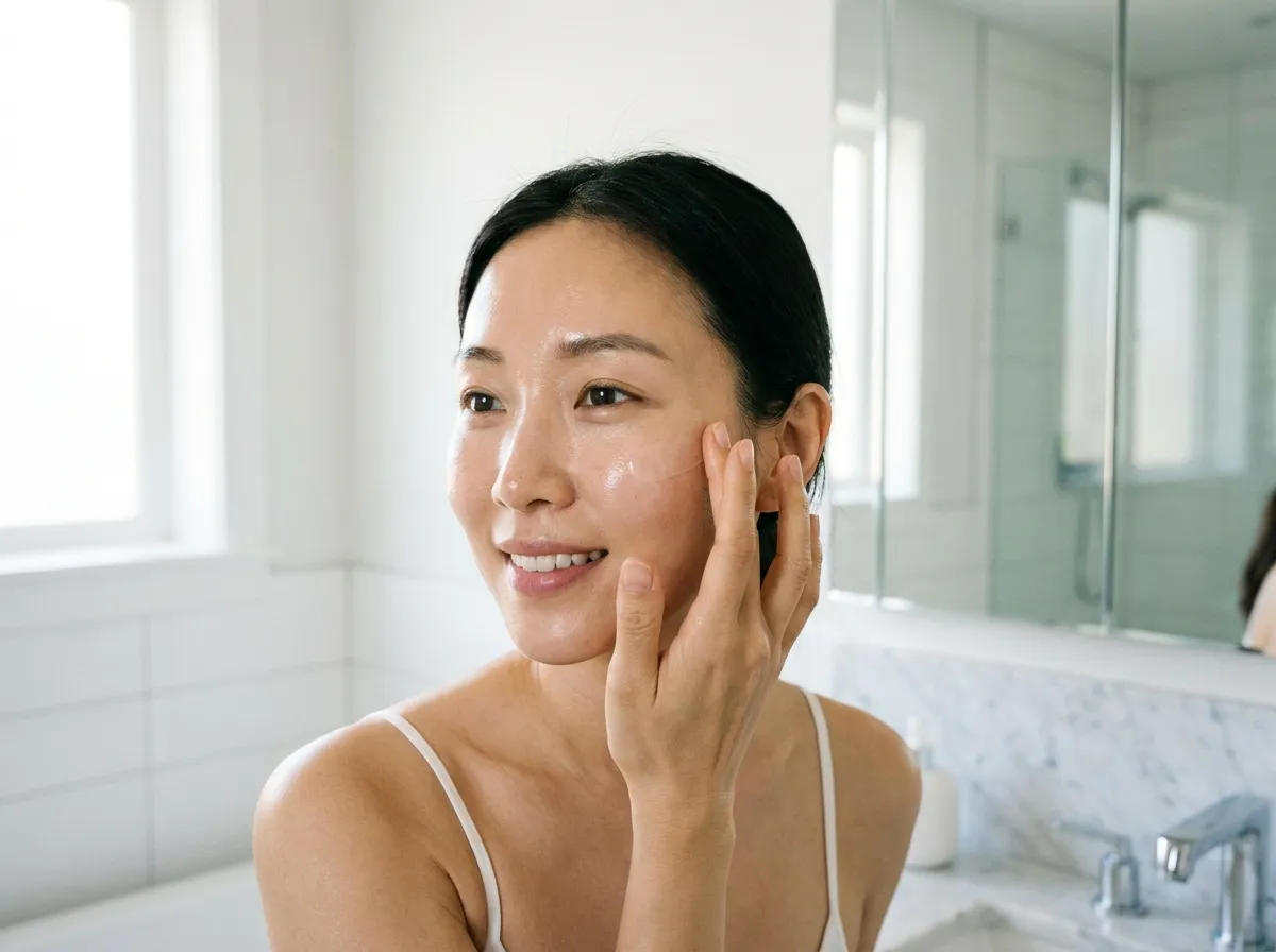 best Korean sunscreen for every skin type being applied by a Korean woman in a bright bathroom mirror