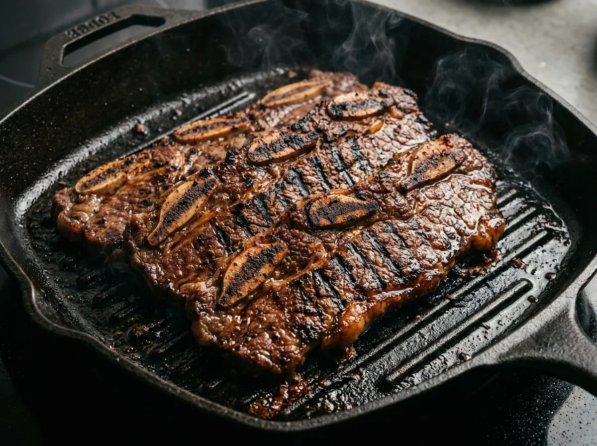 Best Korean BBQ grill pans stovetop testing: Searing Galbi on a Lodge cast iron pan with perfect char marks.