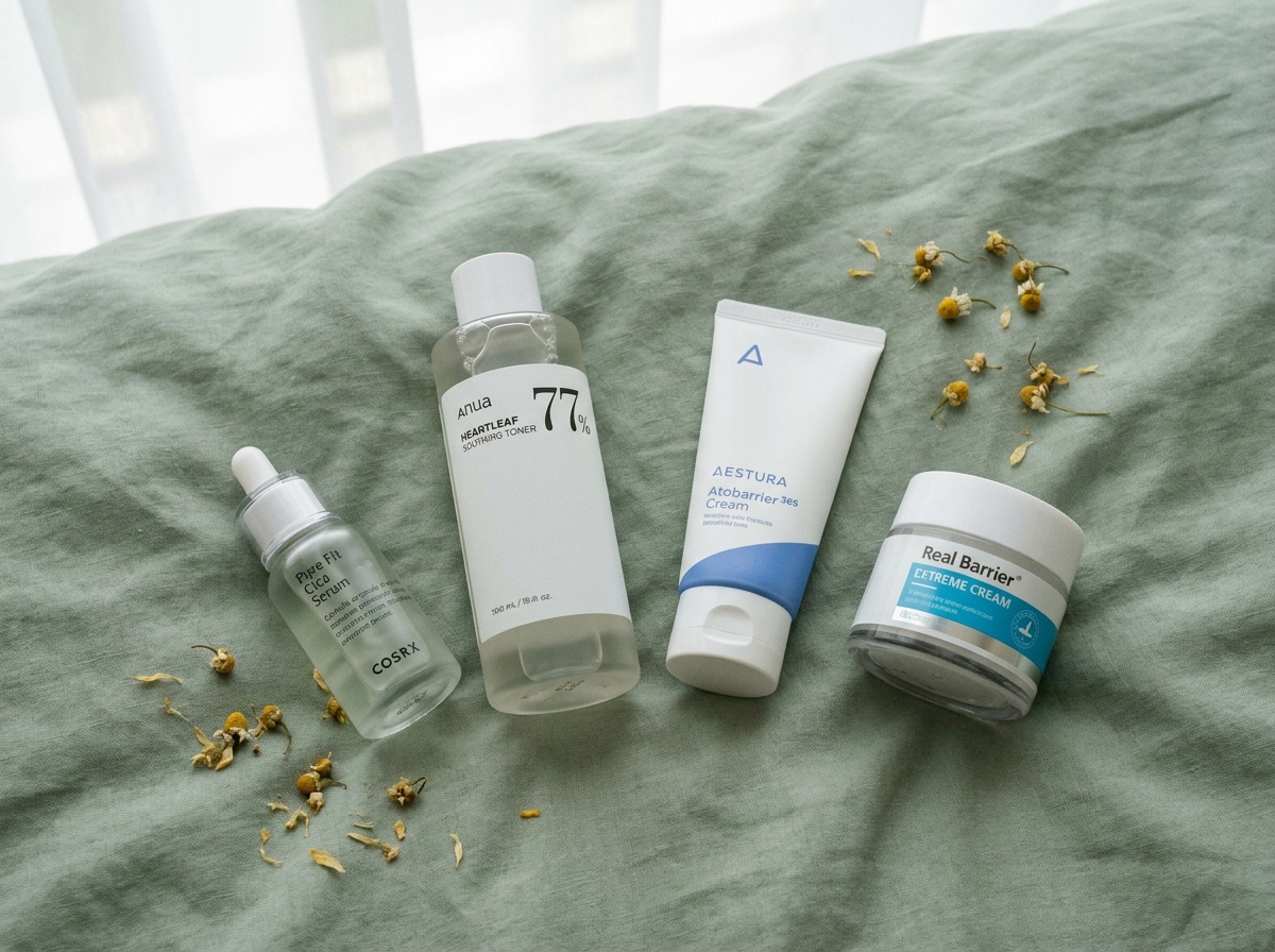 Korean skincare for sensitive skin SKIN1004 ABIB AESTURA REAL BARRIER four products lined up on white surface