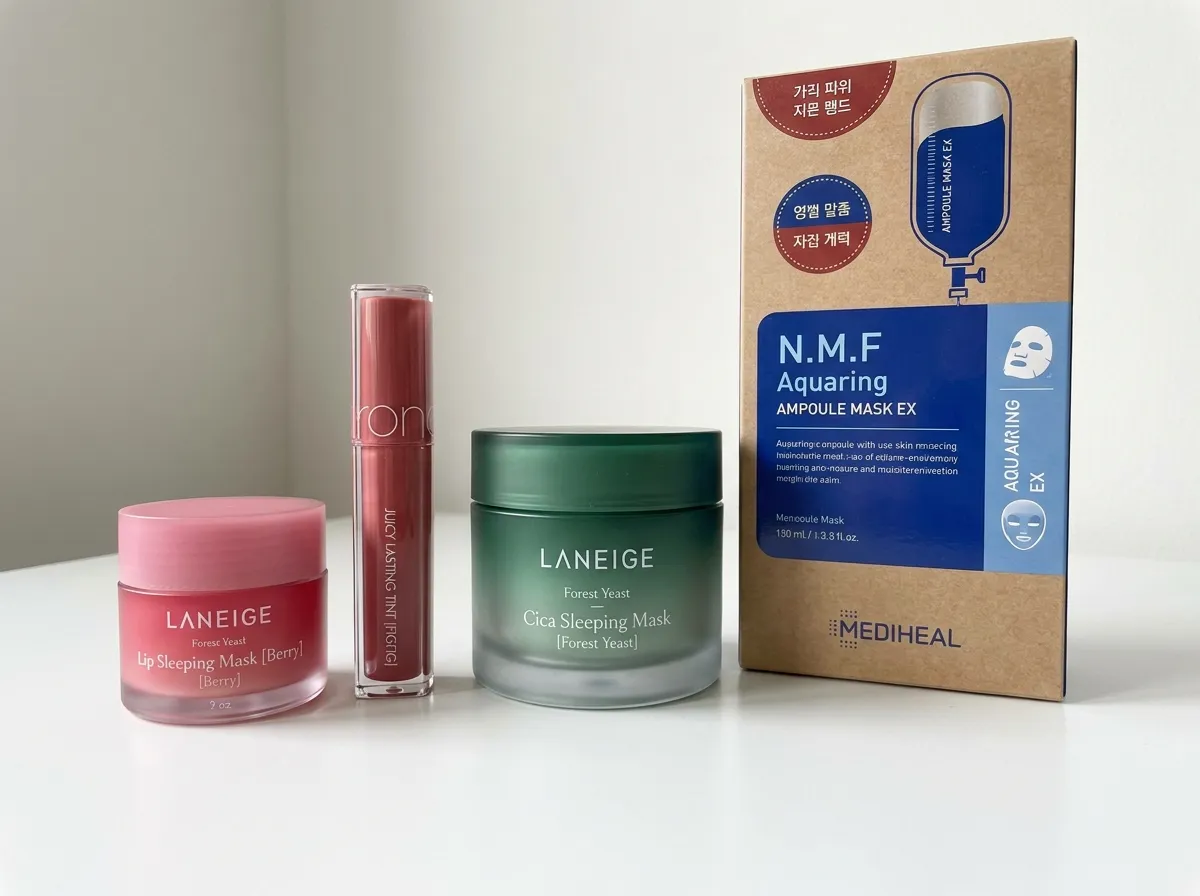 how to shop Olive Young Global from Australia best products LANEIGE lip mask ROM&ND tint MEDIHEAL sheet mask on white surface