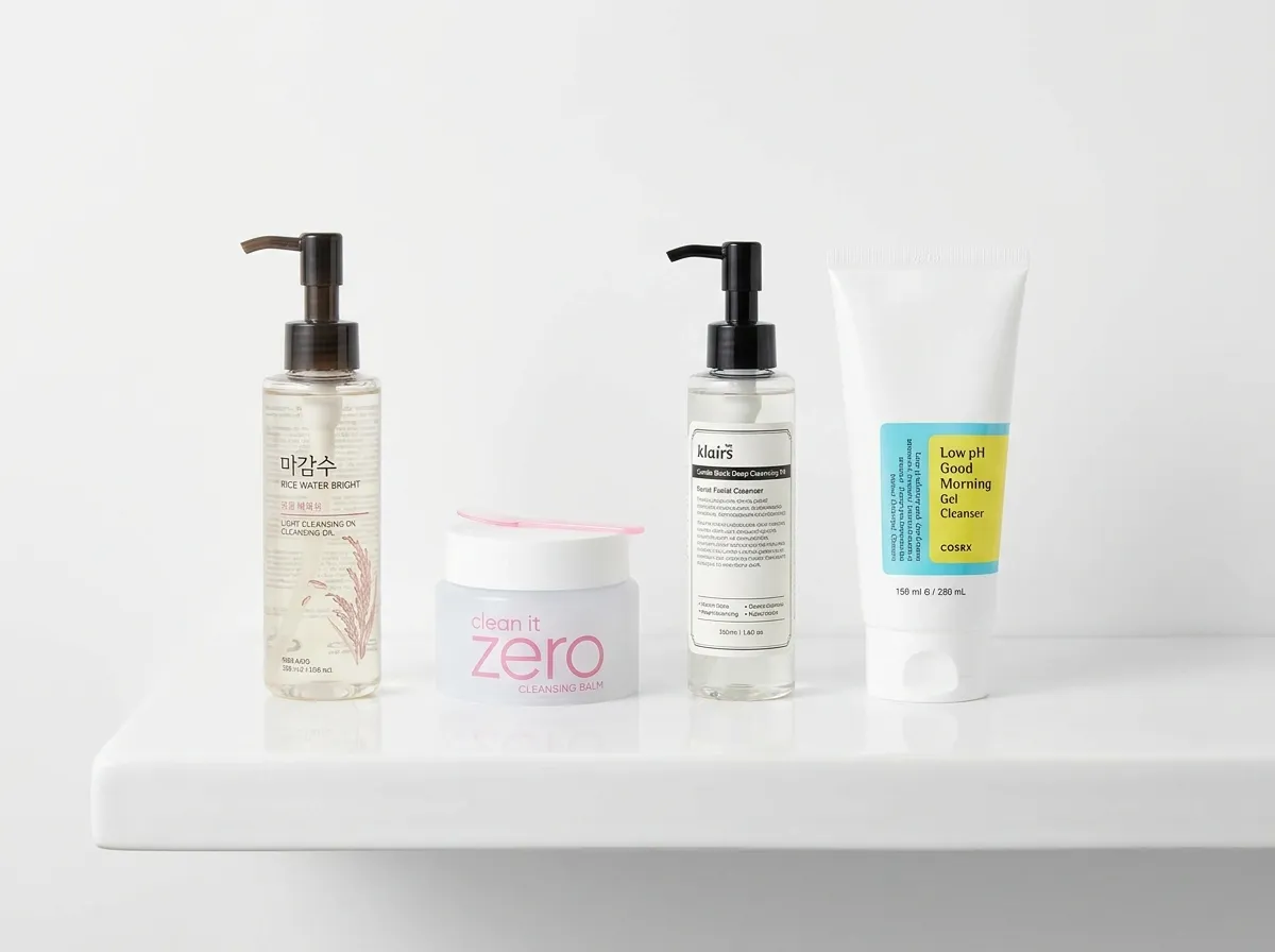 best Korean cleansers for every skin type MANYO HEIMISH SKIN1004 COSRX four products on white shelf