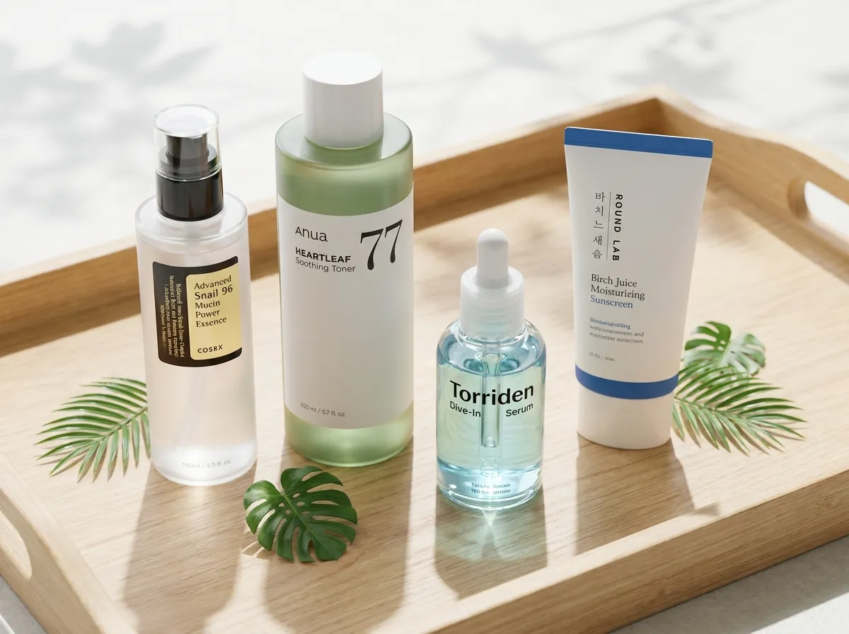 Korean skincare routine for beginners featuring COSRX ANUA TORRIDEN and ROUND LAB products on a wooden tray with green leaves