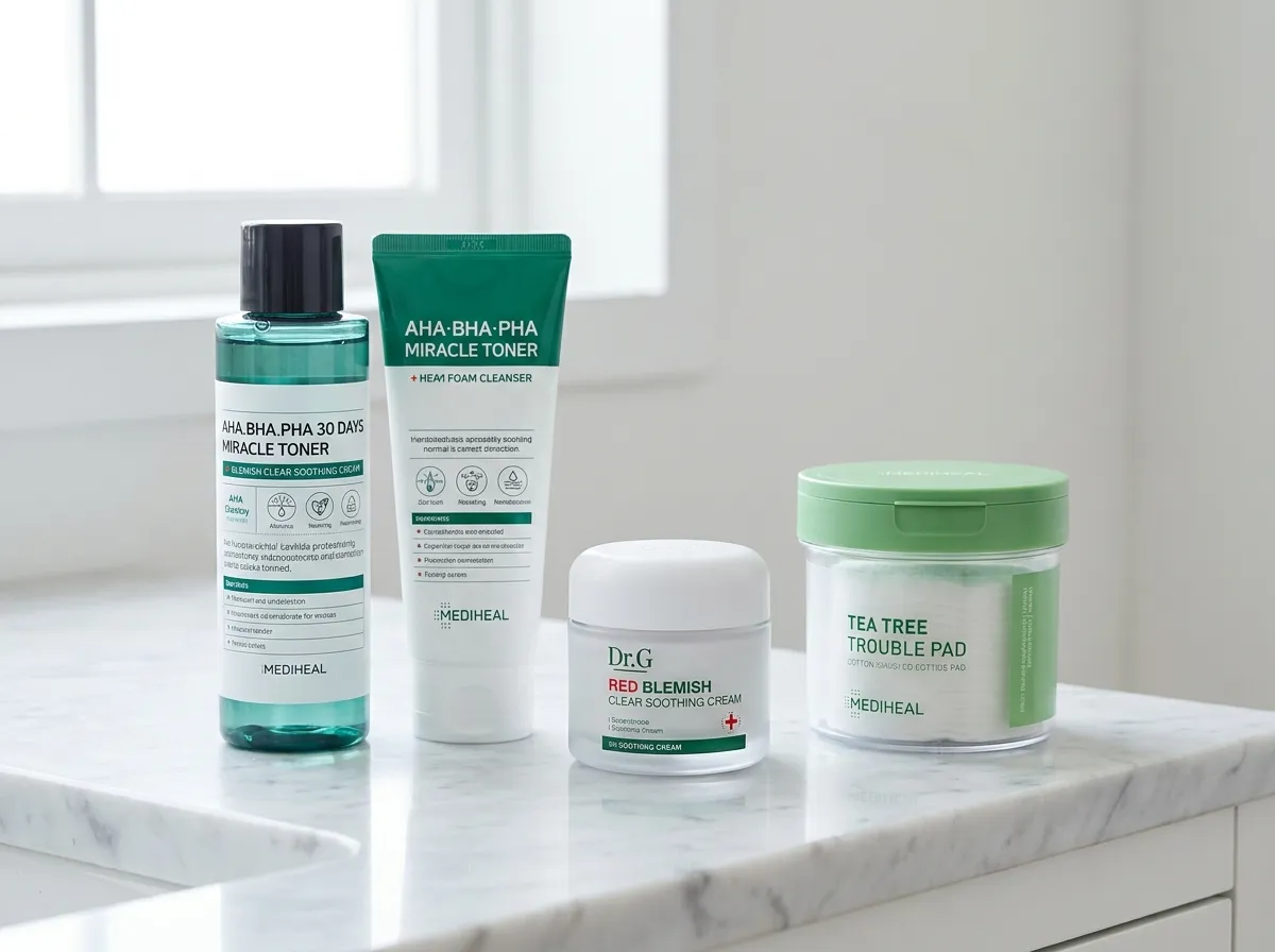 Korean skincare for acne-prone skin SOME BY MI toner foam DR.G cream MEDIHEAL pad on marble surface