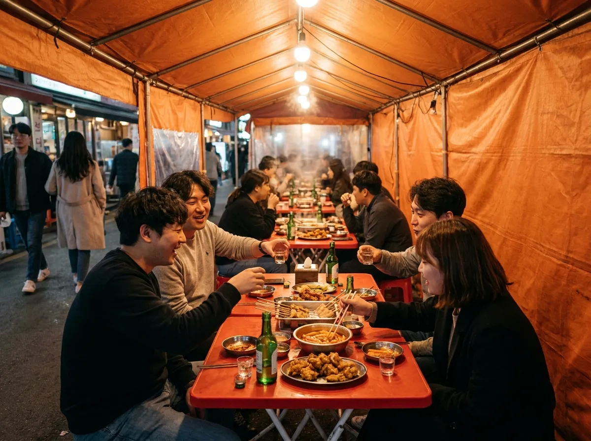Hongdae street food Seoul late-night pojangmacha with friends eating under orange tent lights