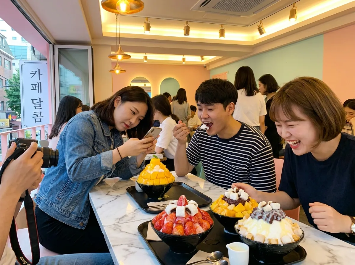 best cafes in Hongdae Seoul themed dessert cafe with bingsu bowls and friends laughing