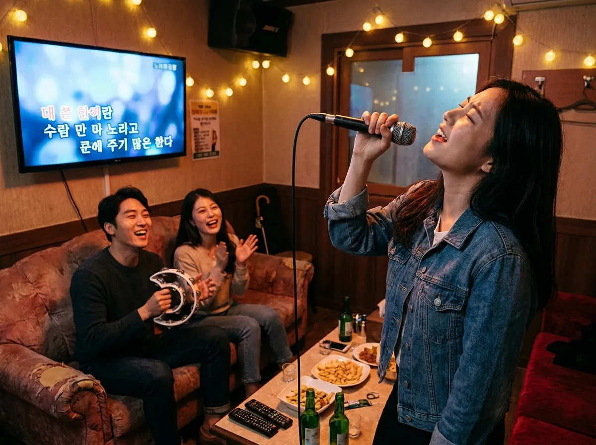 Hongdae nightlife guide Seoul noraebang room with friends singing and cheering naturally
