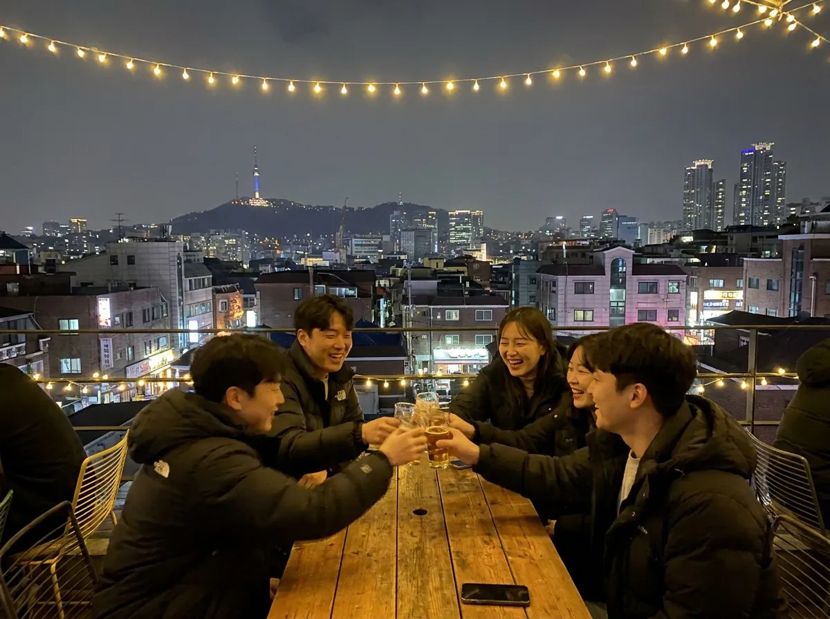 Hongdae nightlife guide Seoul rooftop bar at midnight with friends toasting and city skyline