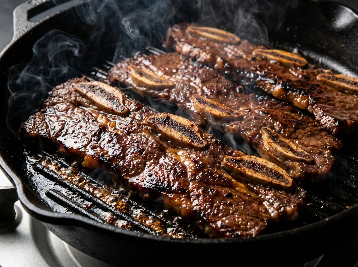 Samgyeopsal vs galbi texture: Glossy, charred Korean galbi beef short ribs caramelising on a hot grill after an overnight marinade.