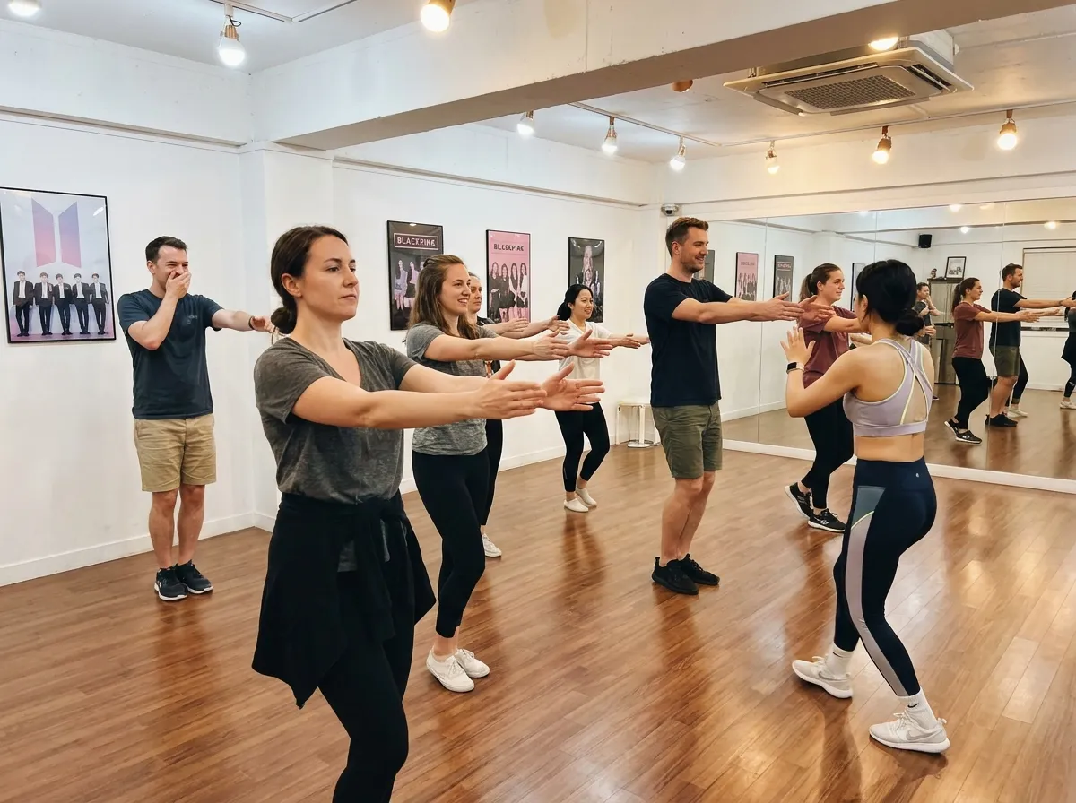 K-pop Experience in Hongdae Seoul dance class with tourists mid-choreography, instructor guiding movement, and mirror wall reflections