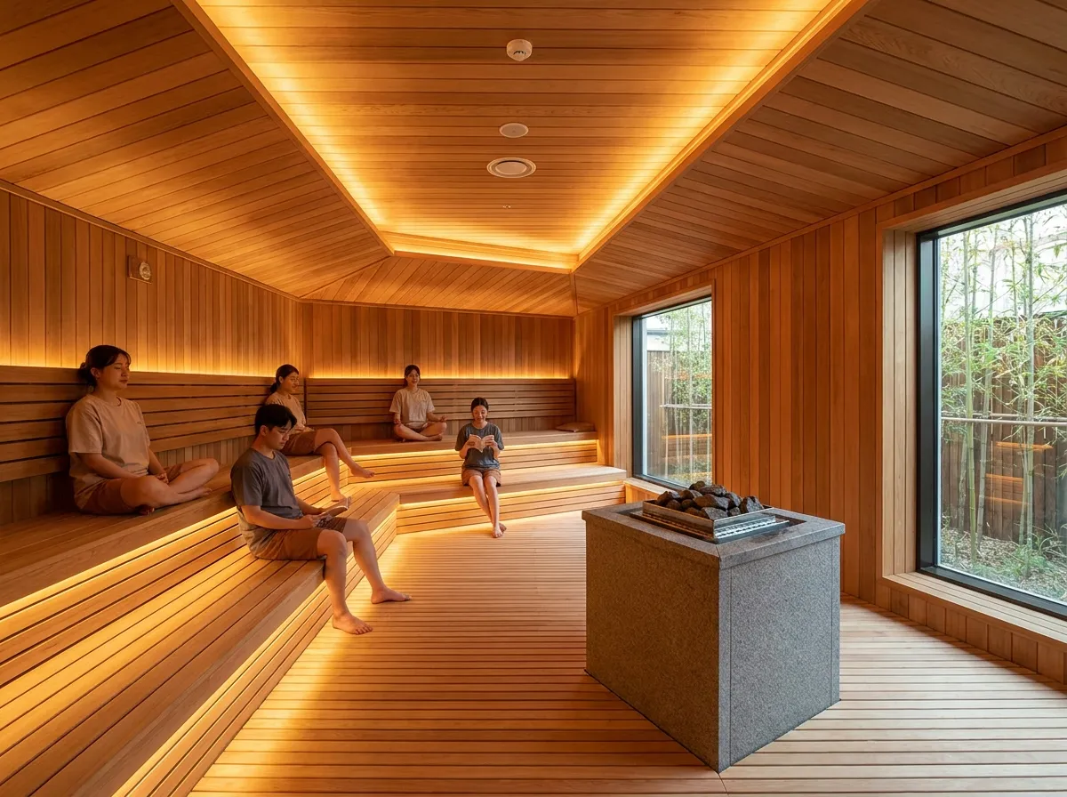 Seongsu-dong spa and wellness Seoul THE FORET SPA sauna room with wooden walls and amber lighting