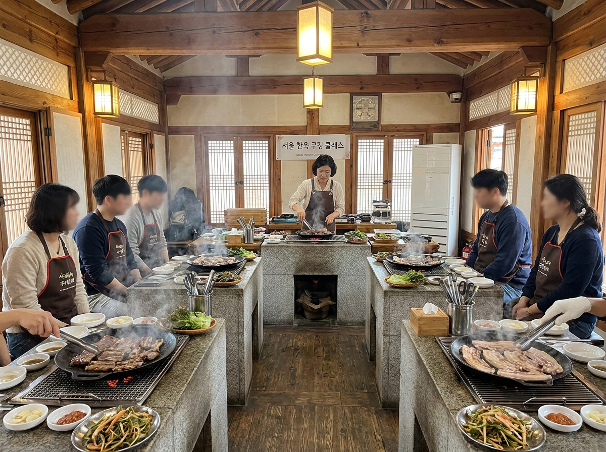 Korean BBQ cooking class Seoul interior hands-on grilling professional chef traditional kitchen participants learning