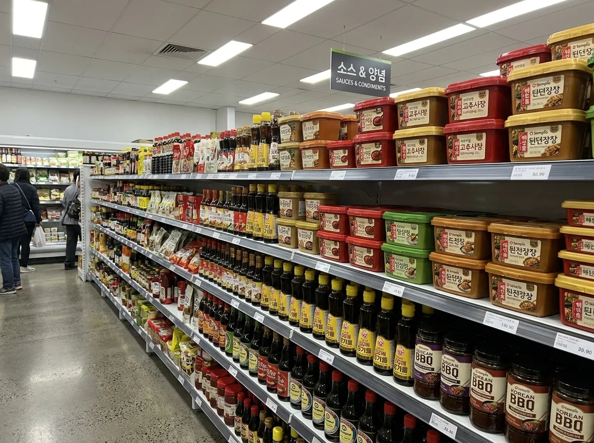 Where to buy Korean BBQ ingredients in Sydney: The sauces and marinades aisle at H Mart Eastwood with gochujang and doenjang staples.