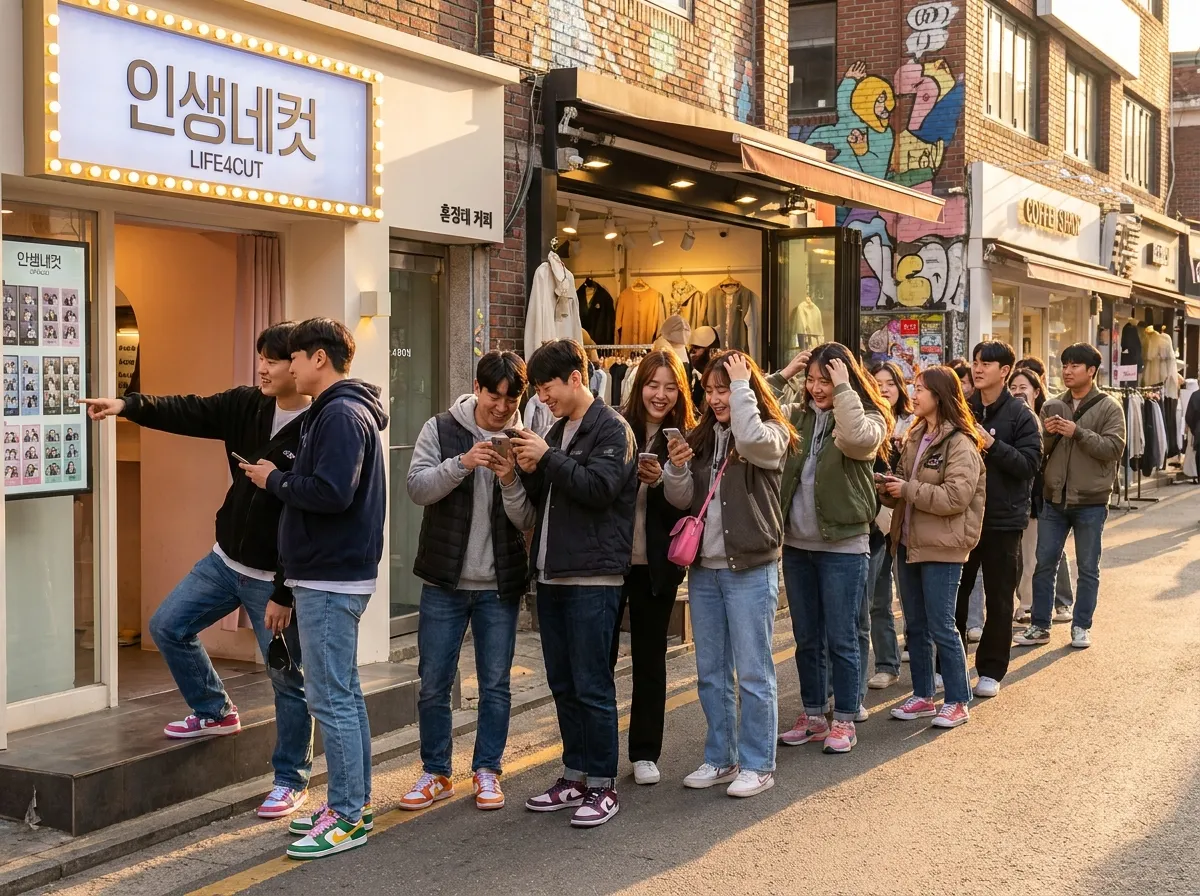 Hongdae Photo Booth Experience Seoul showing young people lining up outside 인생네컷 booth, chatting and checking photos