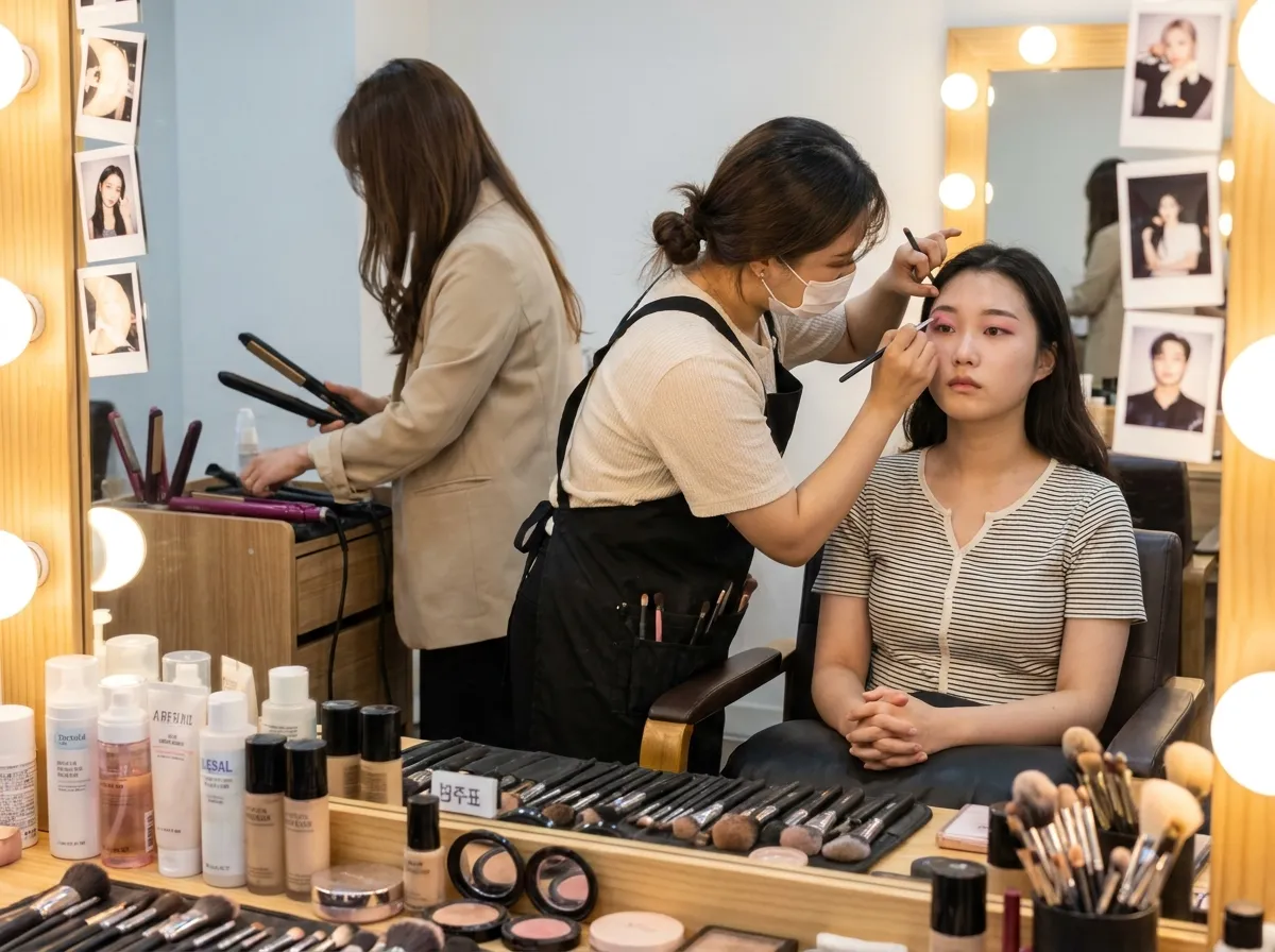 K-pop Experience in Hongdae Seoul idol makeover with makeup artist applying cosmetics and beauty tools arranged on counter
