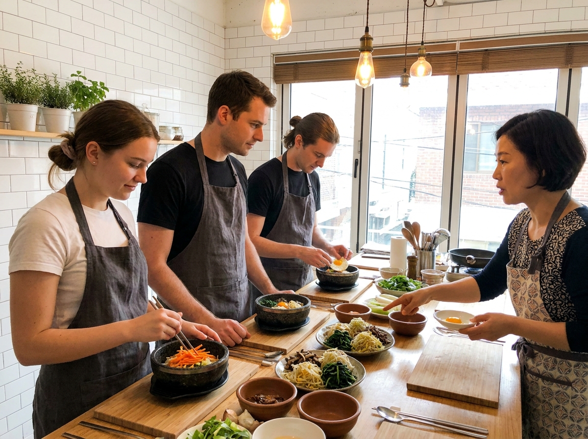  Hongdae cooking class Seoul participants in aprons preparing bibimbap mid-action