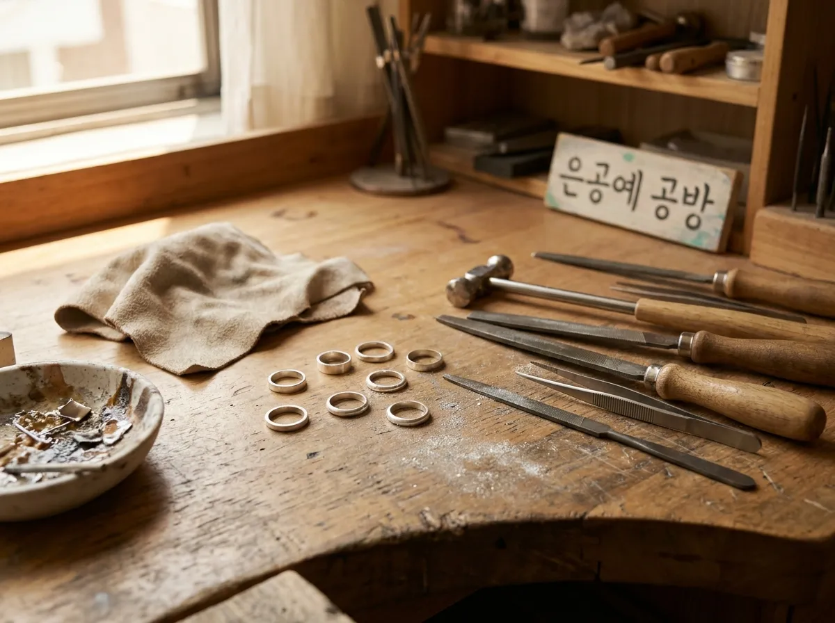 Seongsu-dong craft workshops Seoul silversmithing bench with tools and ring blanks